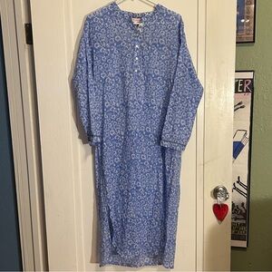NWT Ro’s Garden Fuji Sonia Kurta Maxi Mandarin Collar Blue Floral Dress Caftan